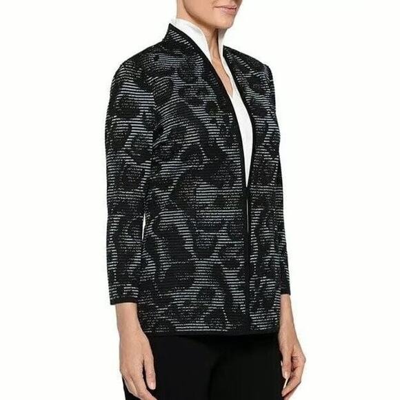 Misook Black & Blue Textured Rib Knit Animal Print Ottoman Cardigan Jacket - Picture 2 of 13